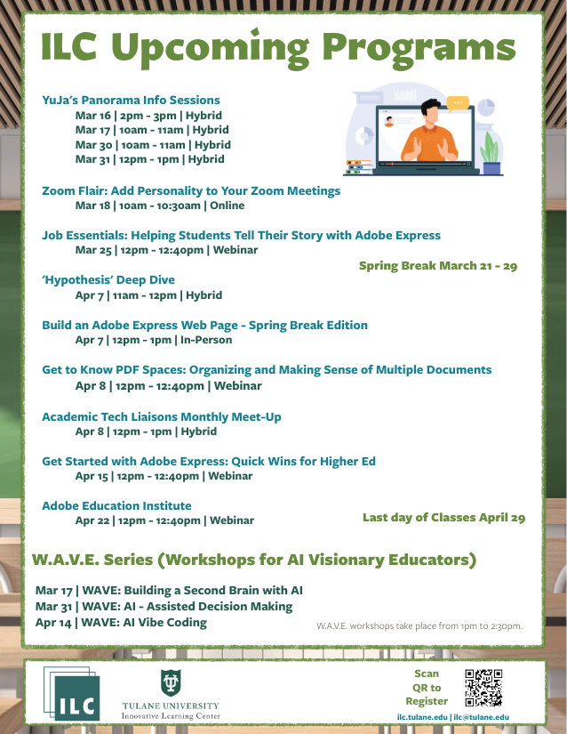 Flyer: ILC Upcoming Programs listing workshops and sessions.