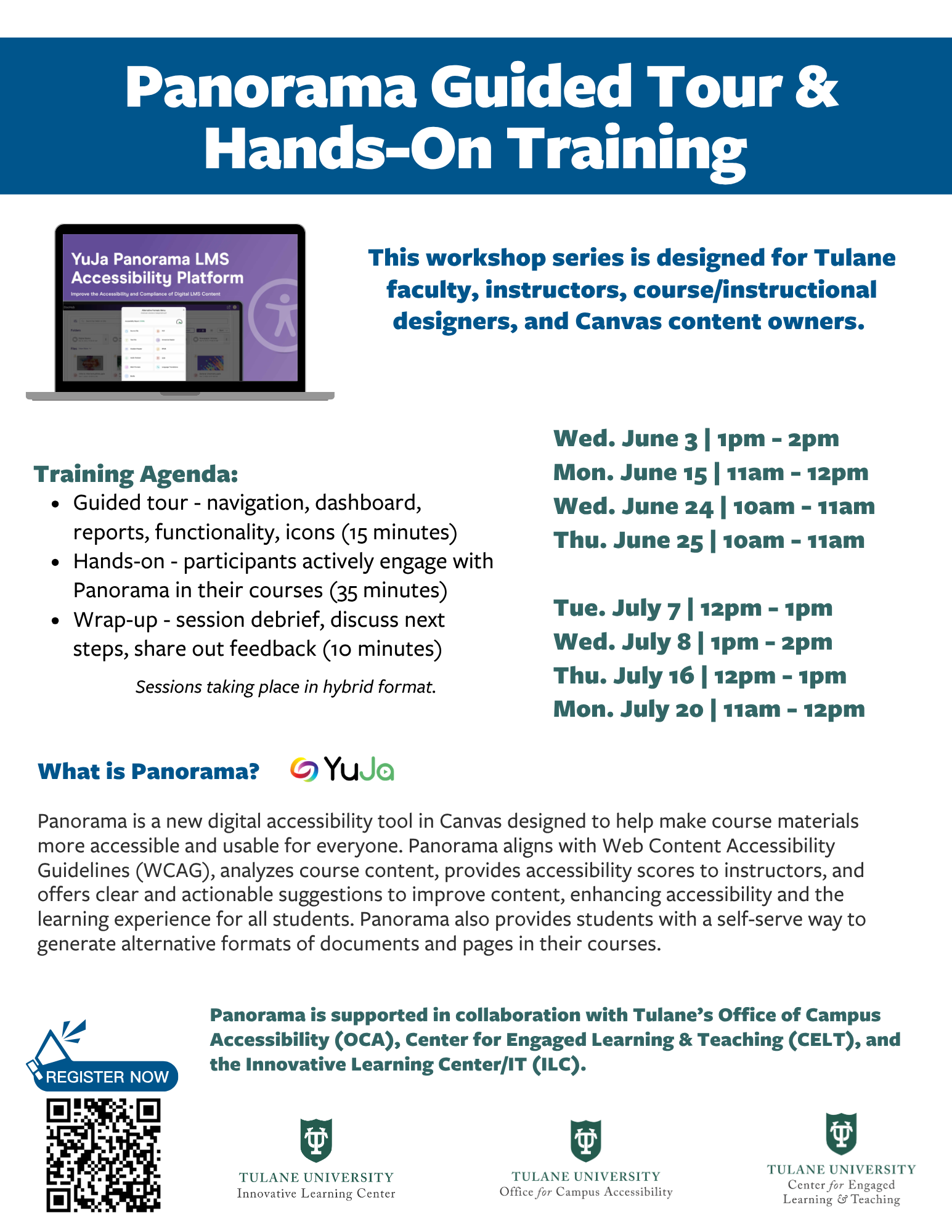 Flyer: Panorama Guided Tour &amp; Hands-On Training, accessibility dashboard screen.