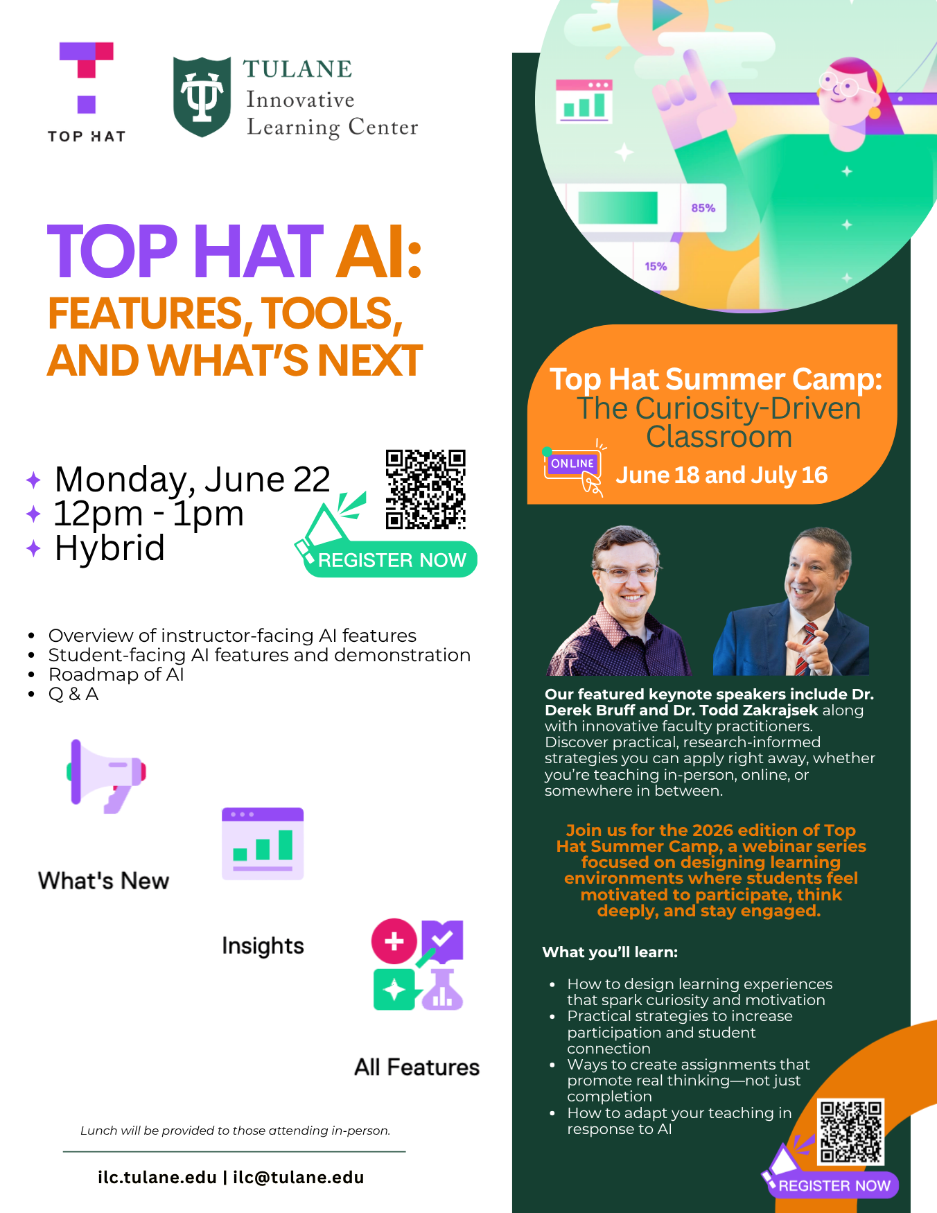 Flyer: Top Hat AI event and Summer Camp with dates, speakers, and agenda.