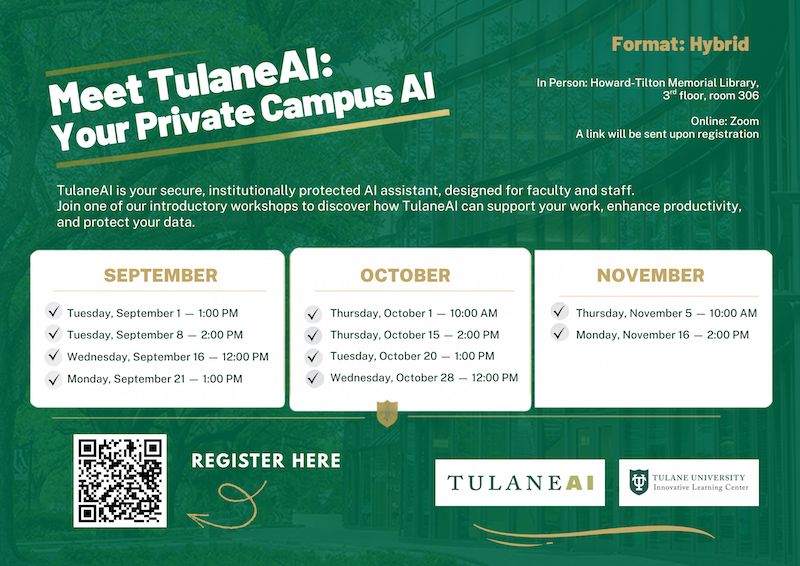 Flyer for "Meet TulaneAI" workshops, listing dates, hybrid format, and registration QR code.