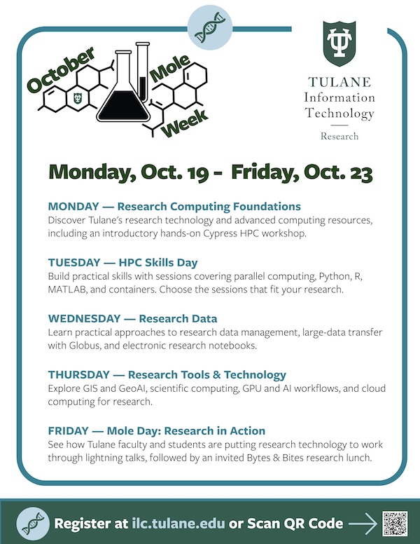 Flyer for Tulane University's October Mole Week, Oct. 19-23. Features a flask graphic.