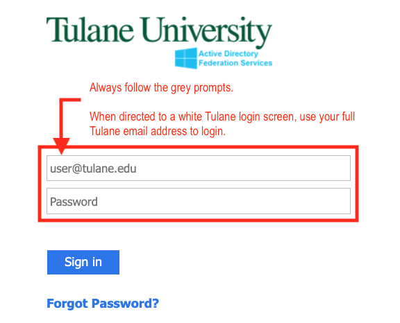 Instance two of Tulane's white login page