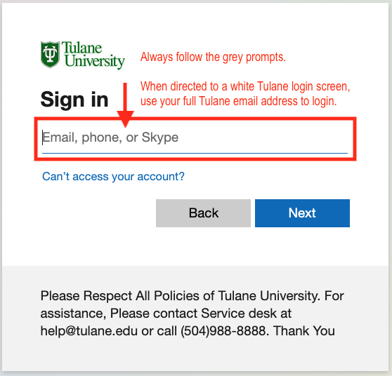Instance one of Tulane's white login page