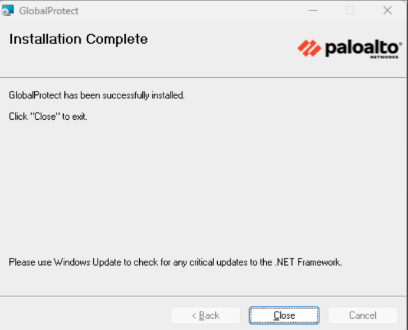 "Installation Complete" prompt from Paloalto