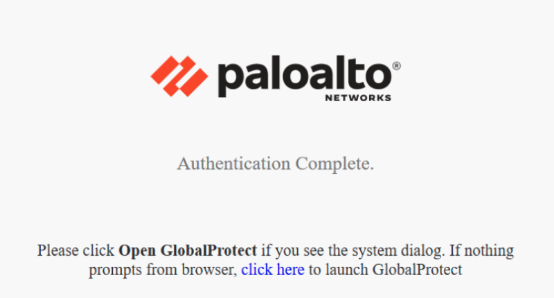 "Authentication Complete" window from Paloalto