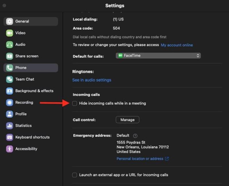 Sceen capture showing checkbox for hide incoming calls