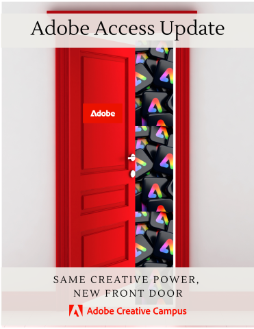Red door with Adobe logo open, revealing many colorful "A" logos inside.
