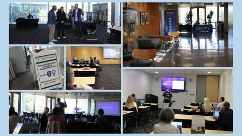 Collage of photos from a Zoom AI Education Summit at Tulane University, showing a registration sign, Zoom-branded check-in table and banners in a lobby, presenters speaking in front of screens, and attendees seated in classroom-style rooms watching presentations.