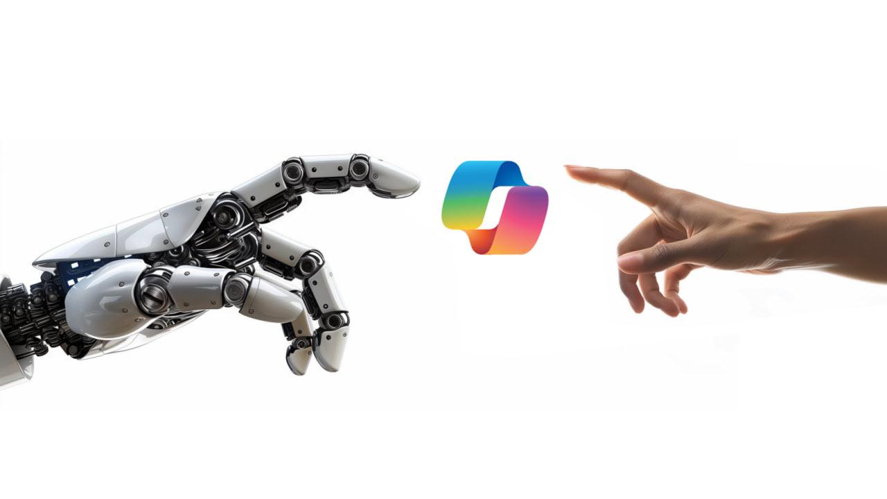 robot hand with extended finger reaching towards a human hand with an extended finger with the copilot logo in the center