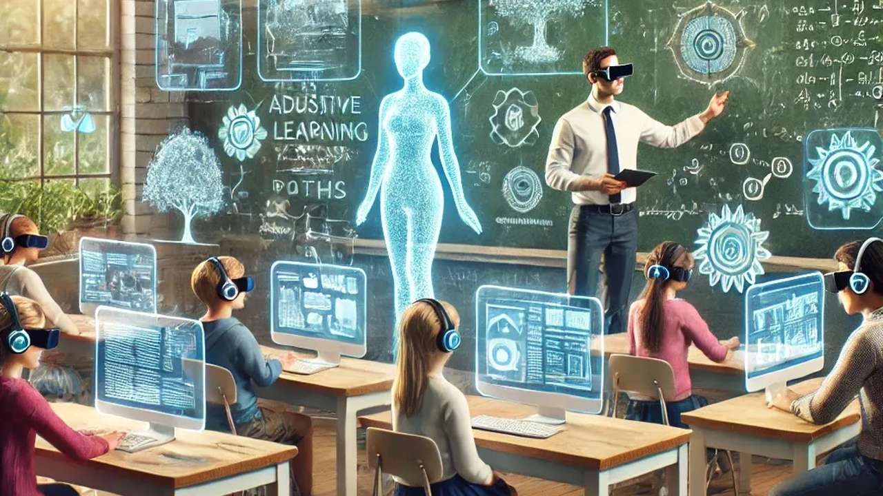 classroom scene with students and teacher wearing virtual reality headsets