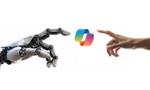 robot hand with extended finger reaching towards a human hand with an extended finger with the copilot logo in the center