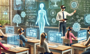 classroom scene with students and teacher wearing virtual reality headsets