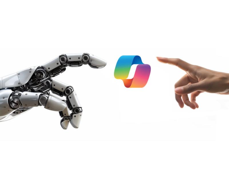 robot hand with extended finger reaching towards a human hand with an extended finger with the copilot logo in the center