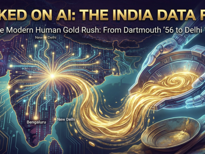 Map of India with glowing circuits; a robotic hand pours golden data into a pan.