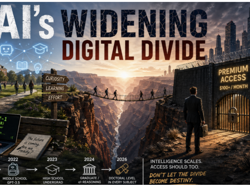 Graphic: Canyon divides traditional side with a path from modern city with a 'Premium Access' gate.
