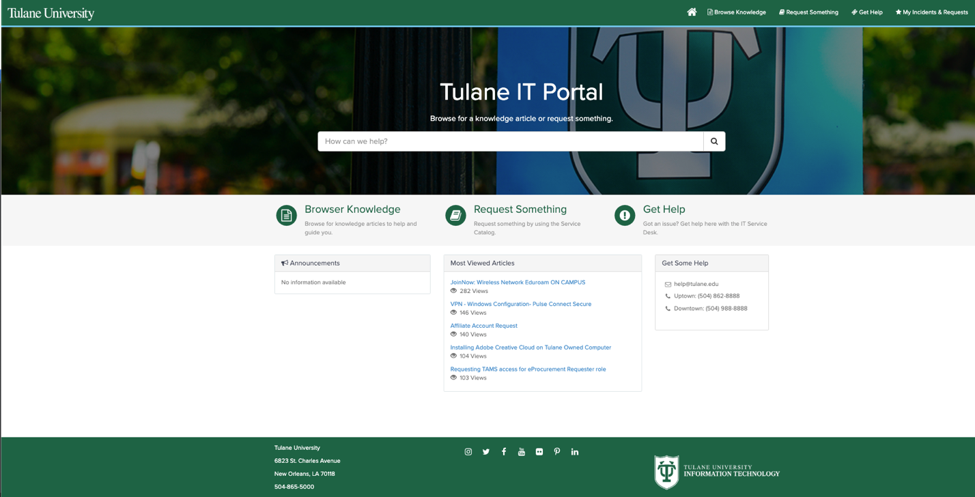 Homepage for support.tulane.edu